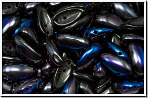 Chili-Beads, 2-Loch, 11x4mm, black, op., half blue flair, 25 Stk.