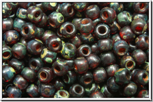 R-11-0316fY, TOHO Rocailles, 11/0, ruby, siam, trans., picasso, matte, 10g