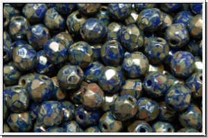 Bhm. Glasschliffperle, feuerpol., 4mm, blue, op., silver picasso, 50 Stk.