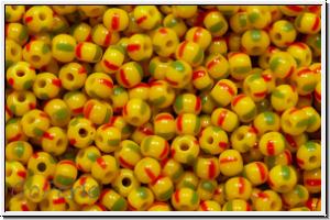 PR-11-83590, PRECIOSA Rocailles, 11/0, yellow, op., 2 green and 2 red stripes, 20g