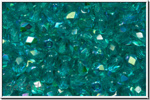 Bhm. Glasschliffperle, feuerpol., 4mm, turquoise, dk., trans., AB, 50 Stk.