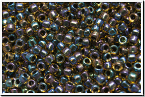 R-15-0245, TOHO Rocailles, 15/0, topaz, lt., trans., black-ld., AB, 5g