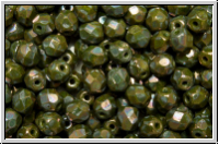 Bhm. Glasschliffperle, feuerpol., 4mm, olivine, dk., op., nebula, 50 Stk.