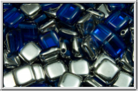 TILE-Beads, 6x6mm, capri blue, trans., half silver, 25 Stk.