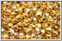 Bhm. Glasschliffperle, feuerpol., 4mm, crystal, trans., full 24kt gold plated, AB, 50 Stk.