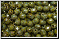 Bhm. Glasschliffperle, feuerpol., 4mm, olivine, dk., op., silver picasso, 50 Stk.